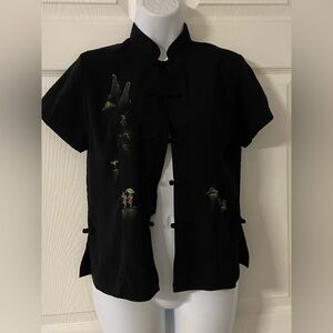 T37a- Black ORIENTAL TOILE-Print Traditional Toggle Front Mandarin Collar Shirt